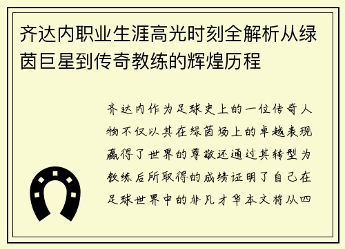 齐达内职业生涯高光时刻全解析从绿茵巨星到传奇教练的辉煌历程