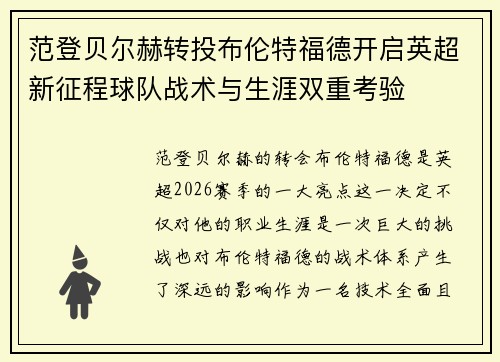 范登贝尔赫转投布伦特福德开启英超新征程球队战术与生涯双重考验